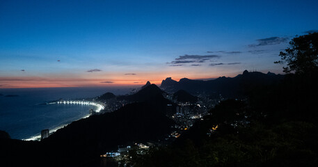 Night view from Sugar Loaf Mountain of Copacabana Bay in Rio de Janeiro, Brazil.