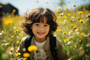 Bambina di origini asiatiche di 7 anni corre felice in un prato pieno di fiori in primavera - obrazy, fototapety, plakaty