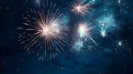 Beautiful fireworks on a dark blue sky background with stars and smoke Generative AI