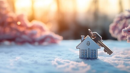 Key with keychain in the form of a house on the background of the winter forest Generative AI - obrazy, fototapety, plakaty