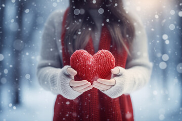 young woman holding a red woolen heart between her hands, wearing winter clothes, on snowing forest background, Valentine's Day concept