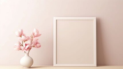 Empty frame mockup with magnolia flowers in vase. 3d render Generative AI