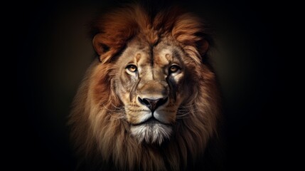 Naklejka na ściany i meble Portrait of a beautiful male lion on a black background. Animal theme. Generative AI
