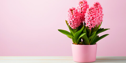 Pink hyacinths in a flower pot on a table, on a plain pink background - obrazy, fototapety, plakaty