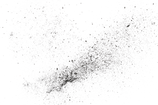 Black chalk pieces and powder flying, effect explode isolated on white