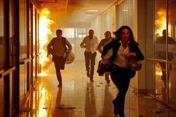 Fire in an office building, people run along the corridor to escape the fire