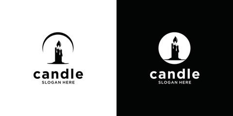 Candlelight Flame Logo Design. Burning candle logo in black and white silhouette.Luxury Vintage style design