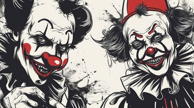 Sinister-looking clowns with large red nose and wild hair