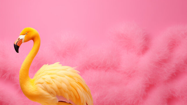 Side portrait of yellow flamingo bird on a pink background with soft pink fluff. Creative animal concept. Valentines day background. Love wallpaper. Copy space, banner format. 