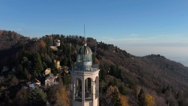 Alessandro Volta's Lighthouse, brunate, lake Como, Italy. Aerial Drone footage