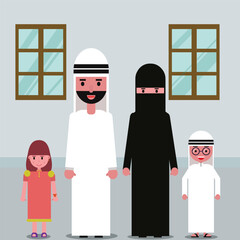 vector family of arab cartoon people in traditional clothes and hijab
