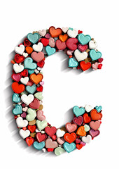 Letter C decorated with red hearts isolated on white background, capital letter, decorative font for valentines card