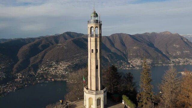 Alessandro Volta's Lighthouse, brunate, lake Como, Italy. Aerial Drone footage