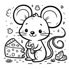Cute cartoon mouse with cheese. illustration for coloring book.