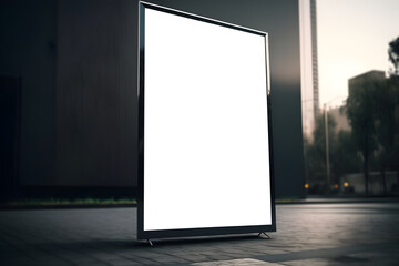 Blank white digital billboard mockup stand for advertisement placement or marketing banner, poster near warehouse building outside, Promotional presentation public advertising poster space