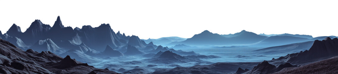panoramic wide angle view of a vast landscape at night or dusk - mountain range - sharp jagged rocks - vast arid rocky landscape - alien planet surface - foggy misty dark mood - pen tool cutout - obrazy, fototapety, plakaty