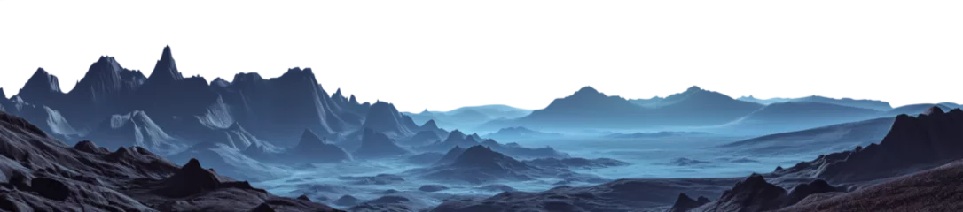 Gardinen panoramic wide angle view of a vast landscape at night or dusk - mountain range - sharp jagged rocks - vast arid rocky landscape - alien planet surface - foggy misty dark mood - pen tool cutout © Mr. PNG