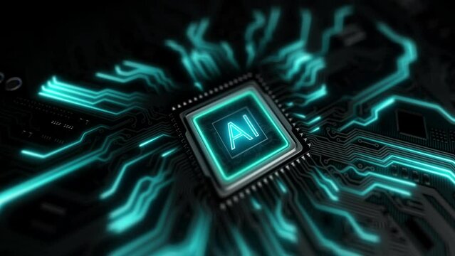 Seamless, loop abstract background, artificial intelligence AI on the motherboard. Microprocessor connects to the chip, pulses through the Circuit Board CPU. Electronic brain, machine learning. 4k