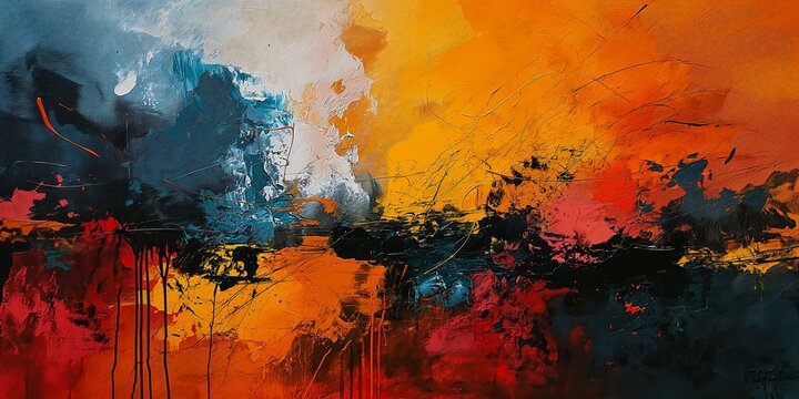 abstract red yellow blue black border oil ecstatic expression teal orange color large scale wet paint blossoming rhythm white fog