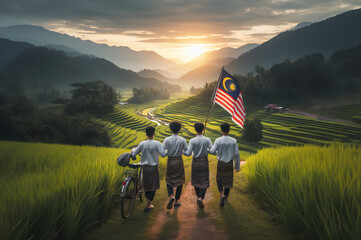 Village bot wearing a traditional malay clothes call "baju melayu" walking near the paddy field, holding malaysia flag. Indenpendence Day Concept