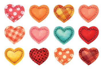 Decoration fabric hearts of different textures and colors vector elements for romantic and valentine concepts. watercolor hand made colorful craft hearts.