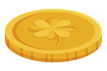 St. Patricks Day gold coin with four-leaves clover or shamrock