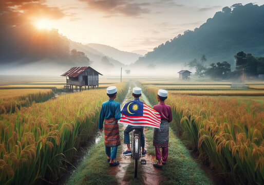 Village bot wearing a traditional malay clothes call "baju melayu" walking near the paddy field, holding malaysia flag. Indenpendence Day Concept