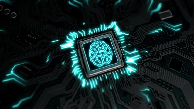 3D visualization abstract concept, icon of brain artificial intelligence AI on the motherboard. Microprocessor connects to the chip and spreads pulses through the Circuit Board CPU. Machine learning
