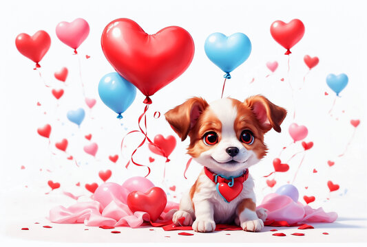 Cute puppy sitting and many colorful heart-shaped balloons, on a white background for Valentine's Day.	