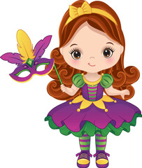 Vector Cartoon Mardi Gras Girl with Feather Mask