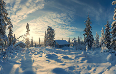 Snowy winter forest with cottage