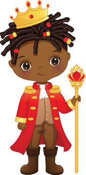 Vector Cartoon Cute Black Prince Holding Sceptre