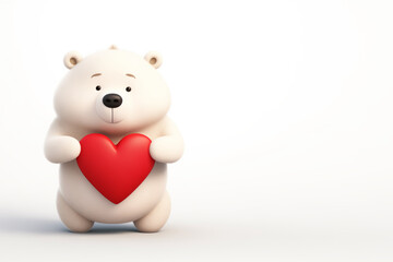 sitting teddy bear holding with a heart in his arms, on white background