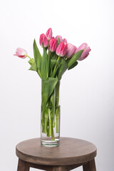 a bouquet of spring flowers. pink tulips on a white background