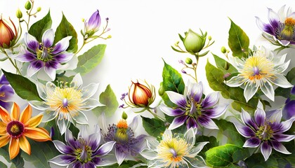 Tapeta kolorowe kwiaty Passiflora na białym tle. Generative AI - obrazy, fototapety, plakaty