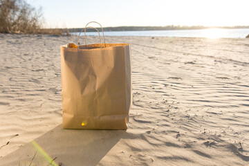craft package on the beach. eco-friendly packaging