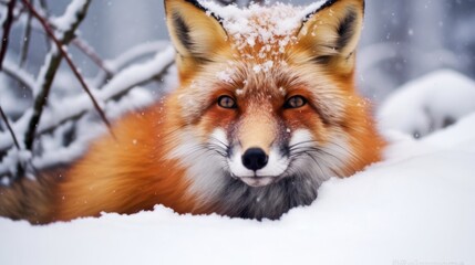 Beautiful fluffy fox in the snow winter background. Wild red fox in the wild in winter. Wild fox poster, print for stationery, fabric, paper, 3D wallpaper. Generative ai
