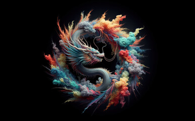 graphic image of a Chinese dragon in smoke rings of different colors, year of the dragon, traditions and history