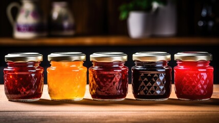 Row of assorted fruit preserves in glass jars on wooden shelf