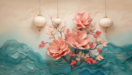 Hanging lantern traditional Asian decor on light blue background with pink flowers. Chinese lantern festival. New Year abstract greeting backdrop with copy space. Design for poster, card, banner - obrazy, fototapety, plakaty