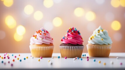 Festive cupcakes with colorful icing and sprinkles, bokeh lights background