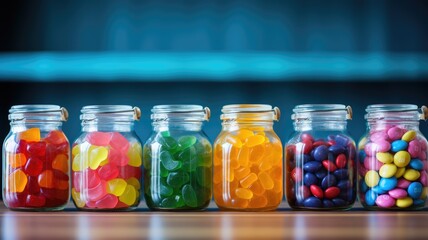Assorted candies in jars with a cool blue light in the background