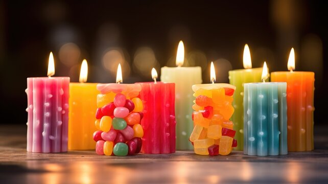 Colorful candles with jelly beans embedded, lit and glowing