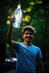 A young Indian man held up a plastic bottle of cold water. bokeh park background.
