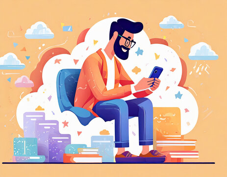 Cartoon beard character man work smartphone seat on cloud over yellow background. Online searfing education internet technology.
