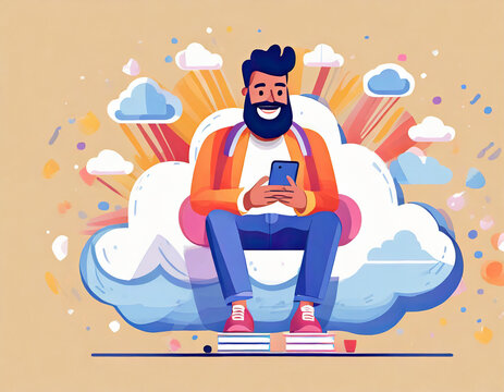 Cartoon beard character man work smartphone seat on cloud over yellow background. Online searfing education internet technology.