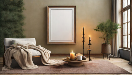 Interior design of warm living room interior with mock up poster frame, candle with candlestick, wall, beige plaid