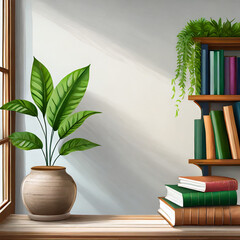 Interior wall mockup with green plant in hanging pot and books on the shelf on empty white background with free space on center
