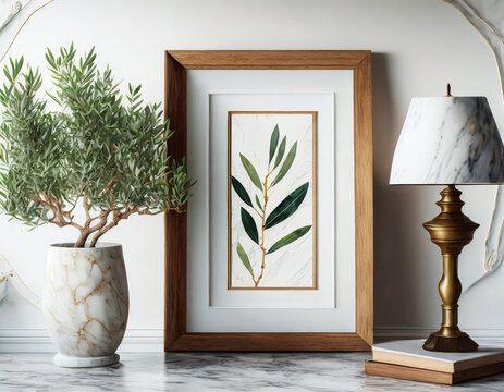 Painting art mockup with empty vertical wooden frame standing in simple traditional home interior with small olive tree and classic marble lamp on white background