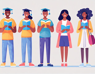Fototapeta premium Student reading books - Male person standing, studying, learning and gaining knowledge. Education concept in flat design vector illustration with white background